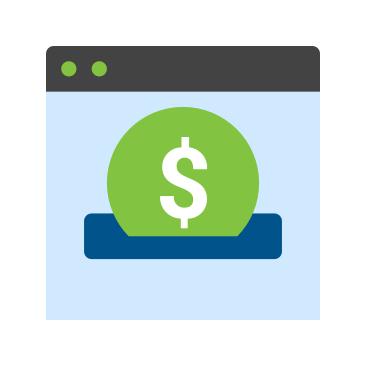 a blue windows browser display with a green dollar sign rising out of a rectangle